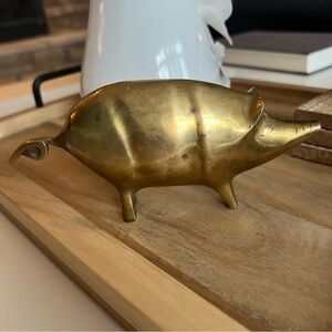 Vintage Mid Century Brass Plated Hollow Cast Metal Pig Figurine Farmhouse Decor